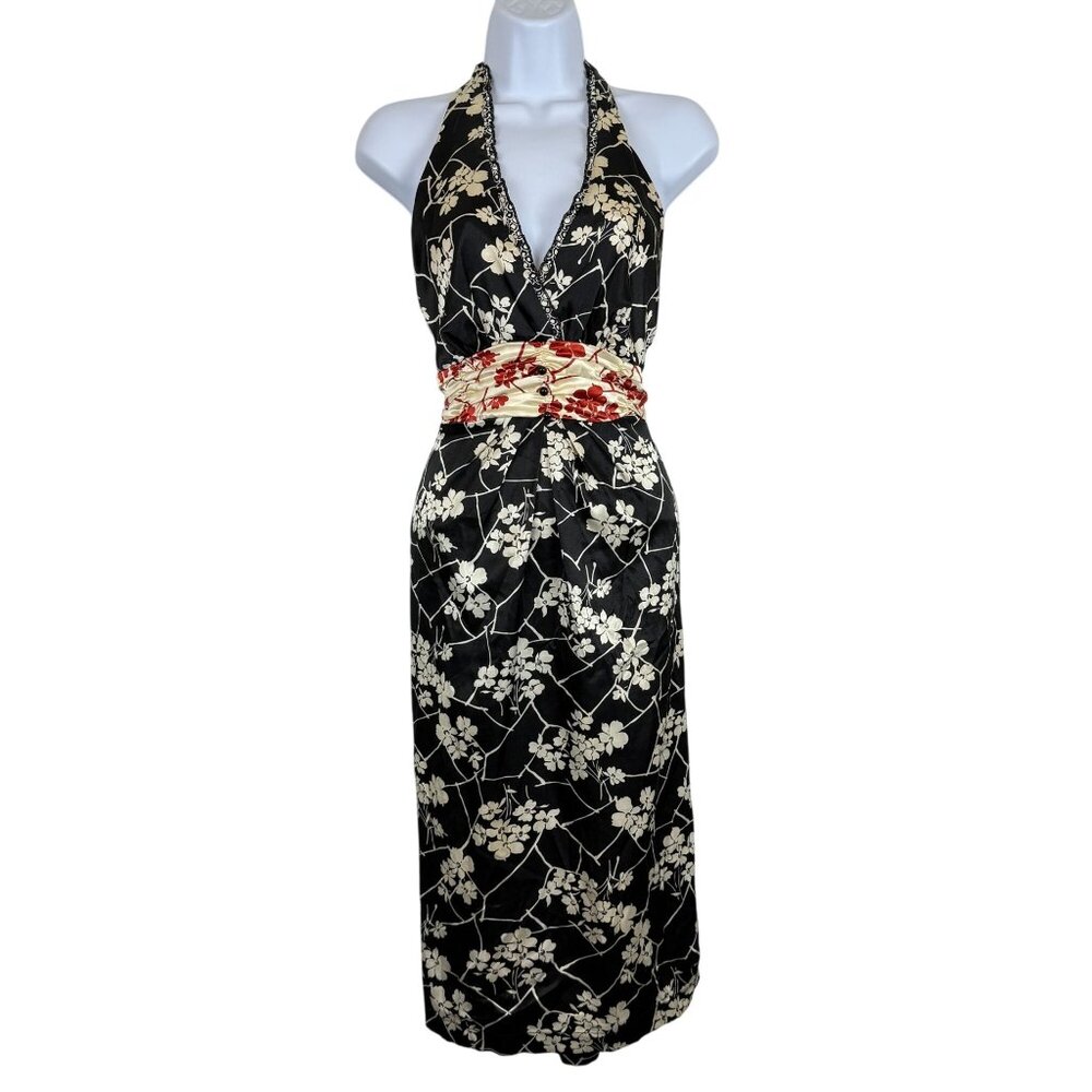 Jonathan Martin Black Floral Halter Dress Sz 12 Red & Cream Waistband Accents